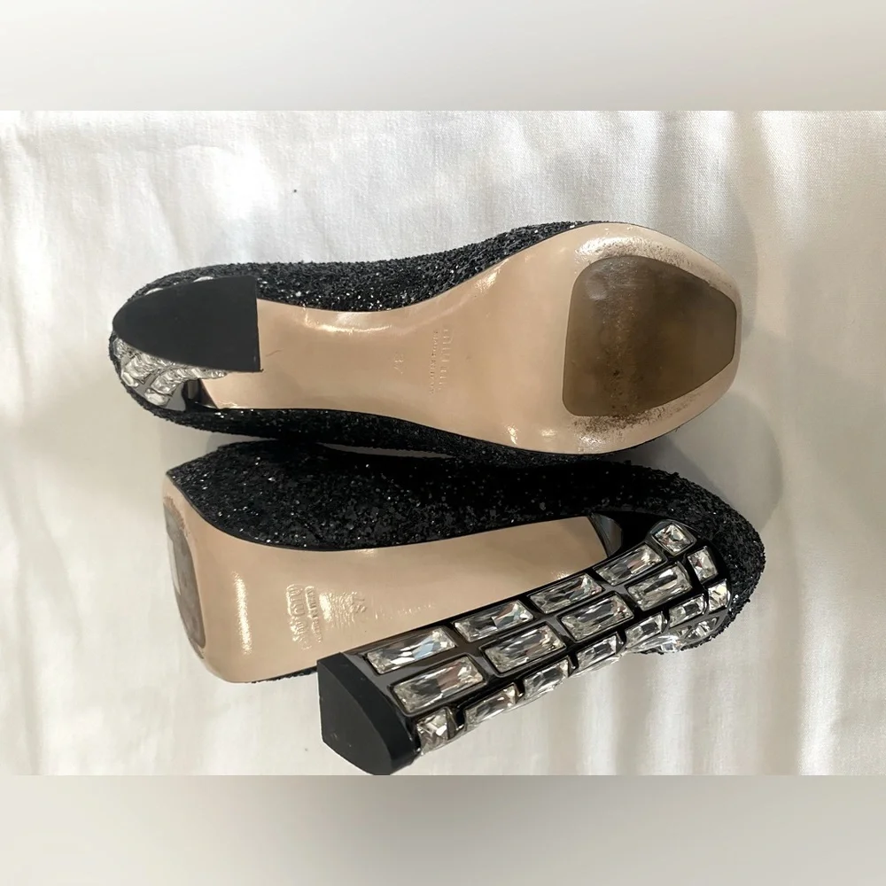 Miu Miu Black Glitter Peep-Toe Platform Pumps